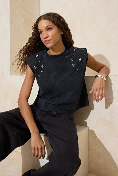 Trendyol Collection Πλεκτό μπλουζάκι από 100% βαμβάκι, ανθρακί, χαλαρό/άνετο,...