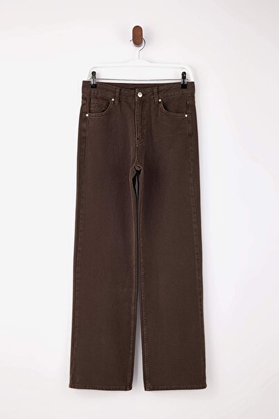 Trendyol Collection Brown Washed Effect Regular Waist Wide Leg Jeans Twoss26J...