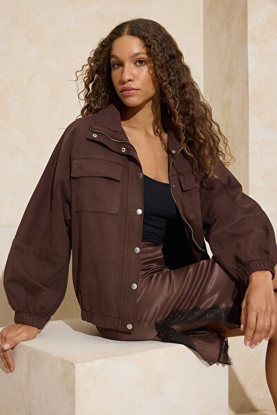 Trendyol Collection Brown Bomber Mock Neck 100% Cotton Denim Jacket Twoss26Ce...