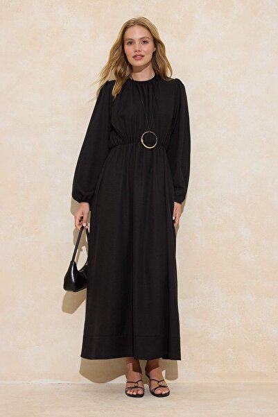 Trendyol Modest Black Elastic Waistband Lace-Up Woven Linen Look Dress Tctss2...