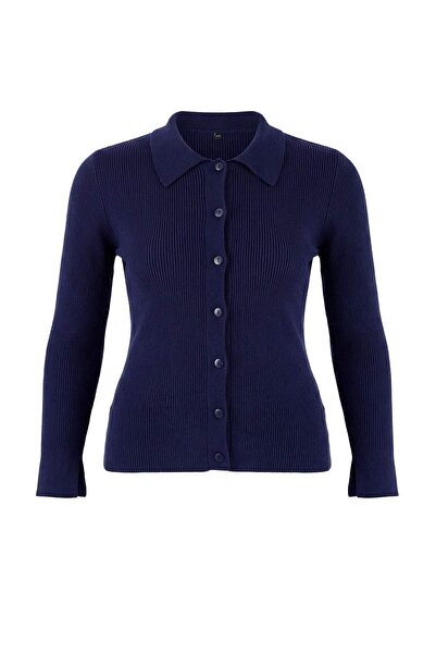 Trendyol Curve Cardigan din tricot cu guler polo din fire premium albastru bl...