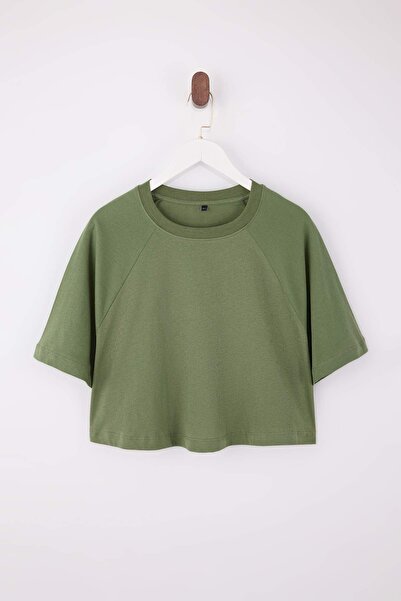 Trendyol Collection Χακί Boxy/Άνετο κοντομάνικο μπλουζάκι με κοντό μανίκι, 10...