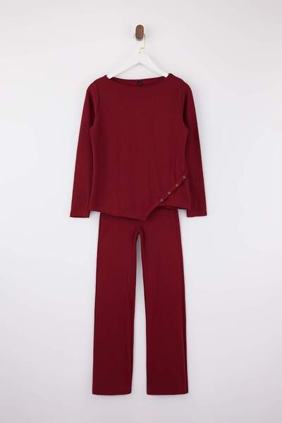 Trendyol Collection Burgundy Regular Asymmetric Flared Cotton Ribbed Knitted ...