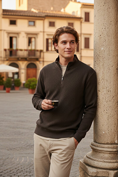 Buratti Cotton Regular Fit Half Zipper Stand Collar Sweat Men's Sweat 5905716