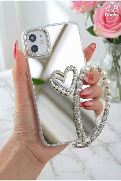 Fibaks حافظة لهاتف ابل ايفون 11، غطاء من السيليكون مع تصميم قلب ومرآة لؤلؤية