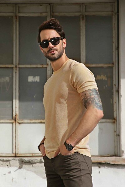 Ferraro Ανδρικό πλεκτό μπλουζάκι από 100% βαμβάκι με μοτίβο μουστάρδας/λευκό ...