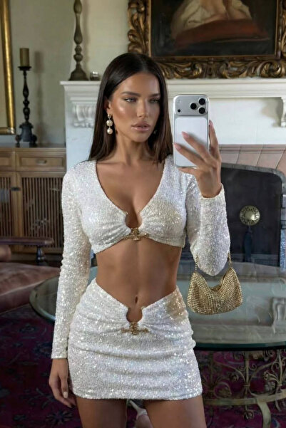 Afitapbutikmoda ZR Model Aksesuar Detay Pul Payet Crop Etek Takım