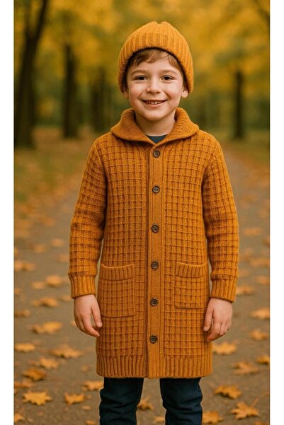 Hilal Akıncı Kids Unisex Κουμπιά Oversize Μακρύ Πλεκτό Ζακέτα Beanie Διπλό Σετ