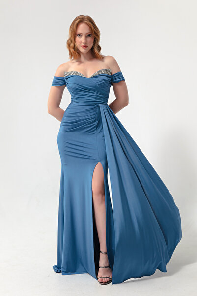 Lafaba Dámský indigový límec a dlouhé večerní šaty s kamenným ocasem