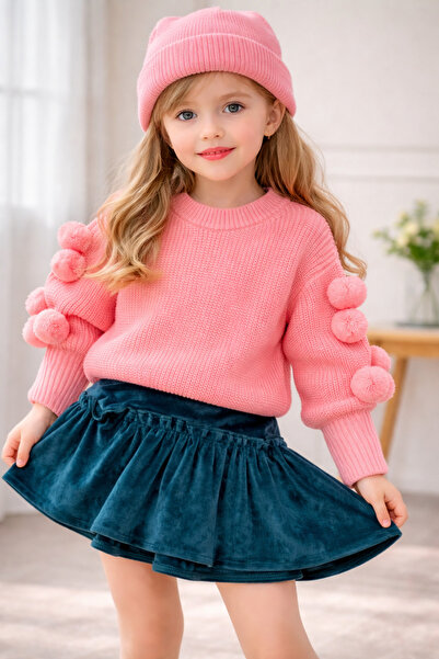 GÜL Baby Girl's Pom-Pom Knit Sweater and Velvet Skirt Set (Hat Included)