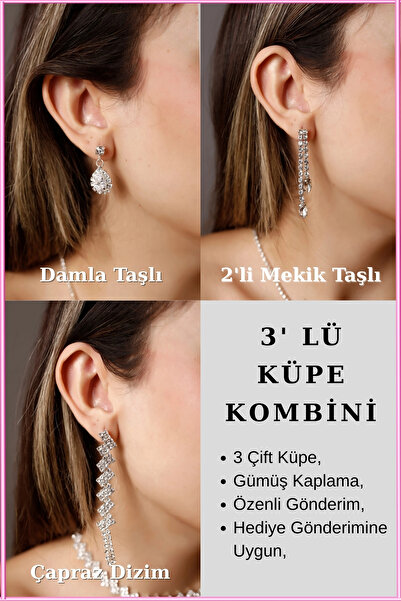 HUBANN 3’lü Taşlı Küpe Seti | Çapraz Dizim, Damla Taşlı & İkili Mekik Taşlı