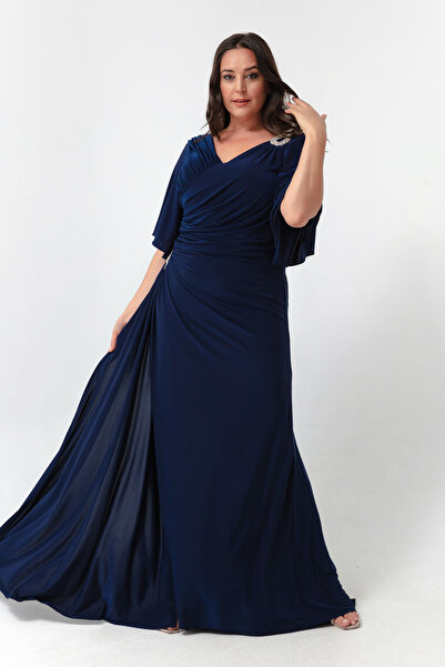 Lafaba Damen-Abendkleid in Marineblau mit kurzen Ärmeln und Schlitz in Übergröße