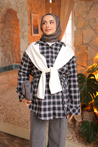 İmajButik Paneled Plaid Shirt with Black Scarf Detail