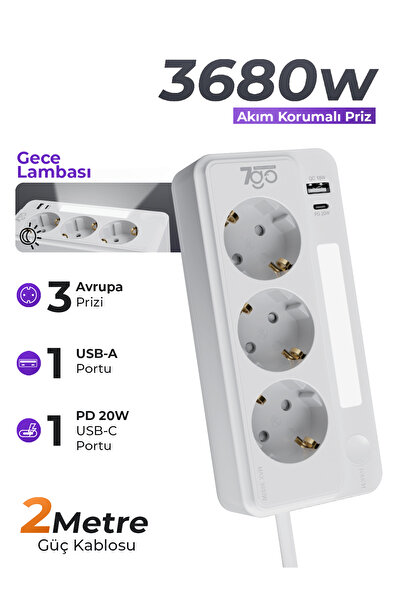 7GO 7GSP1 3680W 3'lü Priz Beyaz | Akım Korumalı | 20W PD Hızlı Şarj USB | 1.9...