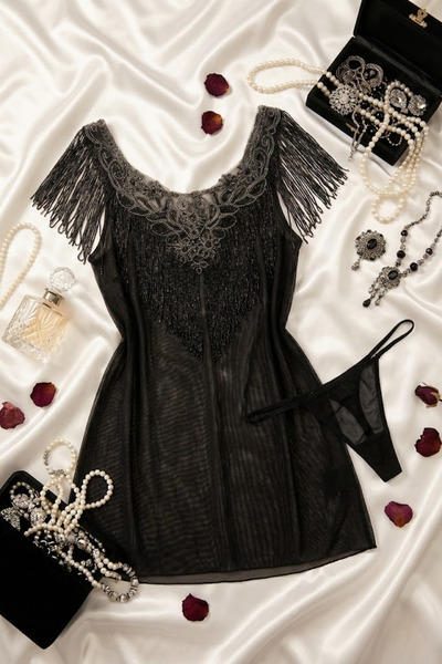 ZENCHES Dantel Detaylı 2'li Gecelik Ve String Takımı