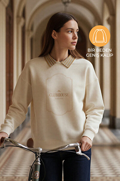 Amia&Co. Bej Çıkarılabilir Gömlek Yaka Şardonlu Baskılı Oversize Sweatshirt