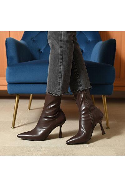 dabab shoes Women's Marya Brown Stretch Skin Side Zipper Pointed Toe Thin Hee...