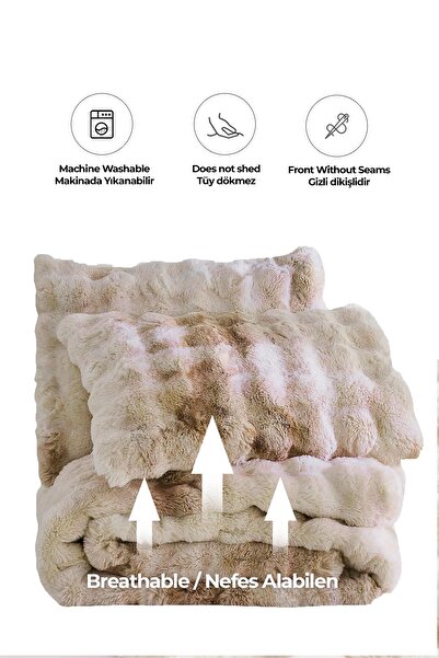 Evlen Home Collection Çift Kişilik Kürk Tavşan Tüyü Yorgan Dolgulu Peluş Yumuşak Wellsoft Yatak Örtüsü 3 Parça Set Paye