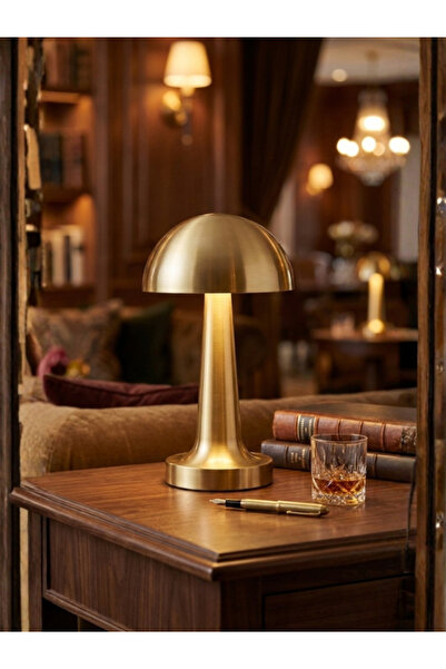 K2 Mantar Masa Lambası Altın Renk Kablosuz Ledli 3renk Dokunmatik Şarjlı