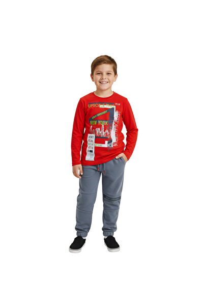 Çikoby Boy's Printed Two-Piece Tracksuit Set Red Gray Cotton Comfortable Fit