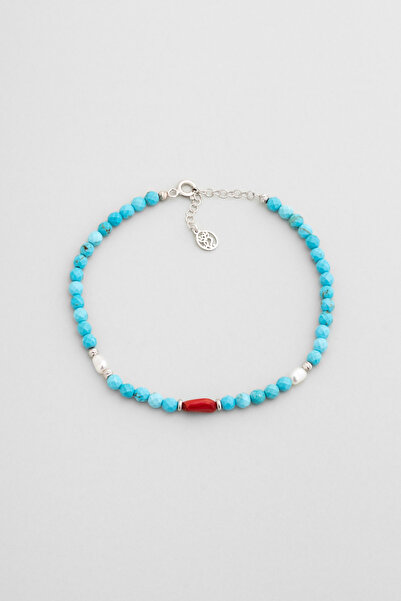 So CHIC... Turkuaz ve Mercan Taşlı 18 Ayar Beyaz Altın Kaplama 25 Cm Gümüş Do...