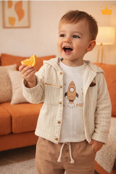 Babyhola Roket Baskılı Badi Kapüşonlu Gömlek Pantolon Set Bayramlık Erkek Beb...