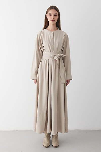 JASTE Women's Beige Waist-Tie Buttoned Maxi Dress