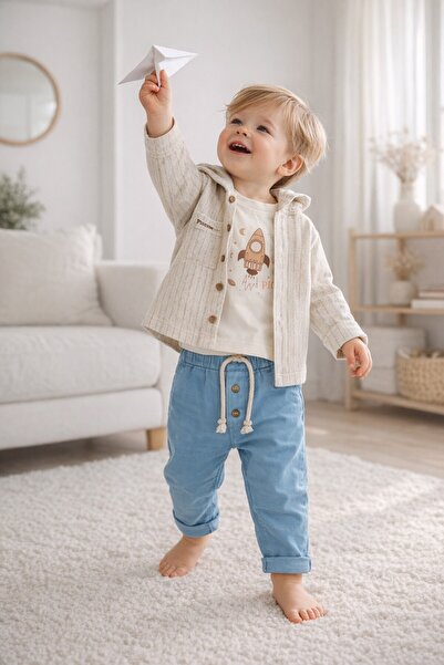 Babyhola Roket Printed Muslin Fabric Hooded Baby Boy Triple Set