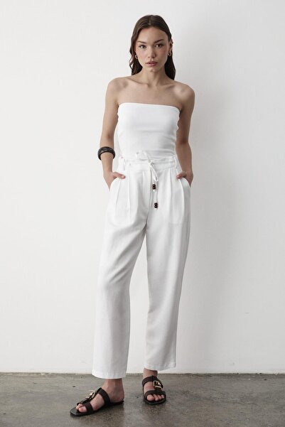 JASTE Women's High Waist Beaded Lace-Up Linen Trousers