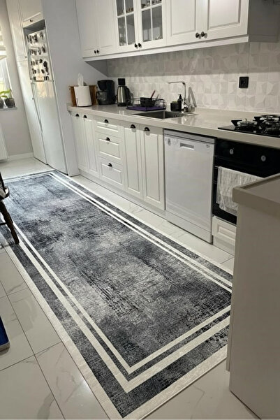 VOPTEKS Gri Beyaz Halı Mutfak Halısı Makinede Yıkanabilir Halı Kaymaz Taban Halı