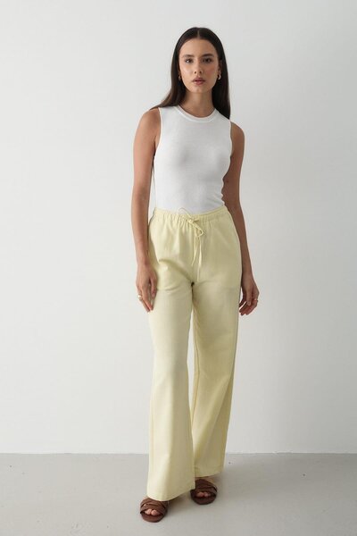 JASTE بنطلون نسائي واسع الساقين من الكتان بخصر مطاطي باللون الأصفر