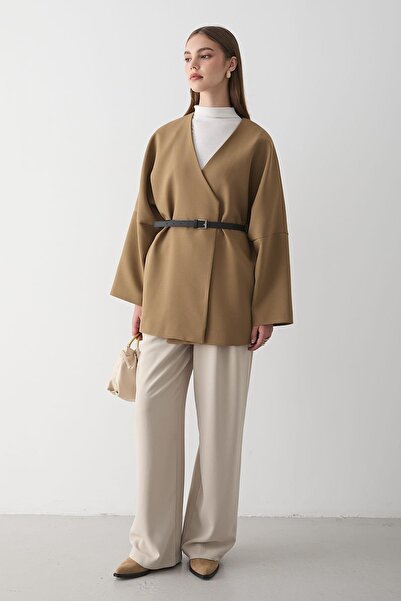 JASTE Kadın Haki Kruvaze Yaka Kemer Detaylı Kimona