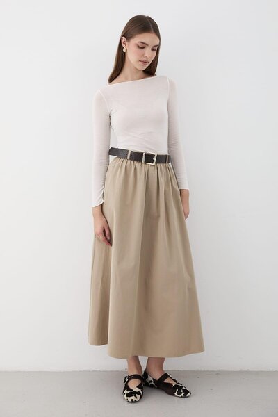JASTE Kadın Kemerli Büzgü Detaylı Maxi Etek HAKİ