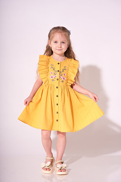 MODJEANS Rochie pentru fete, MODJEANS, cu volane, bumbac, galben, 98 CM