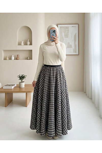 Modamorfo Plaid Patterned 360 Degree Skirt with Elastic Waist - Dark Brown