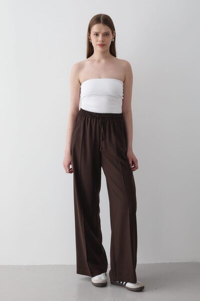 JASTE Kadın Beli Lastikli Bol Paça Palazzo Pantolon ACI KAHVERENGİ