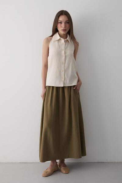 JASTE Kadın Yakalı Sıfır Kol Sırt Kısmı Acık Lastikli Keten Bluz