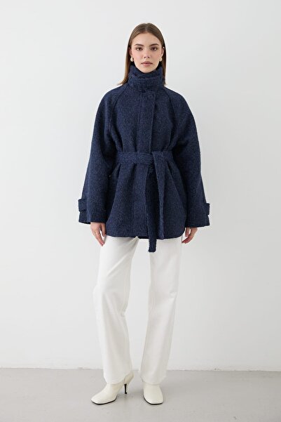 JASTE Kadın Dik Yaka Düğmeli Kuşaklı Kaşe Kaban