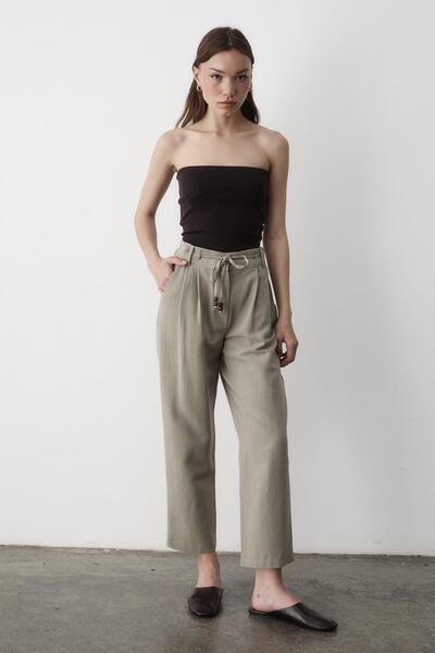 JASTE Γυναικείο λινό παντελόνι με ψηλόμεσο κορδόνι με χάντρες ΧΑΚΙ