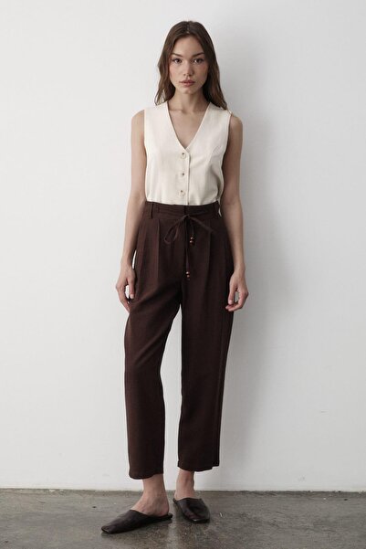 JASTE Kadın Yüksel Bel Boncuklu Bağcıklı Keten Pantolon KAHVERENGİ