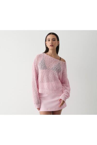JASTE Kadın Pembe File Örgü Düşük Omuz Salaş Yazlık Triko