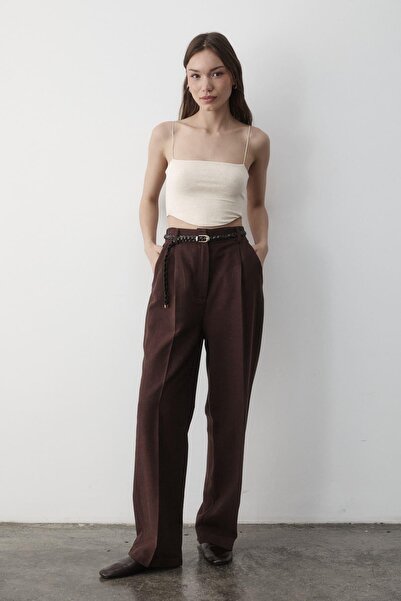 JASTE Kadın Keten Örgü Kemerli Beli Lastikli Yüksel Bel Palazzo Pantolon