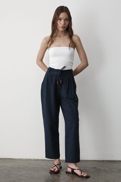 JASTE Kadın Yüksel Bel Boncuklu Bağcıklı Keten Pantolon LACİVERT
