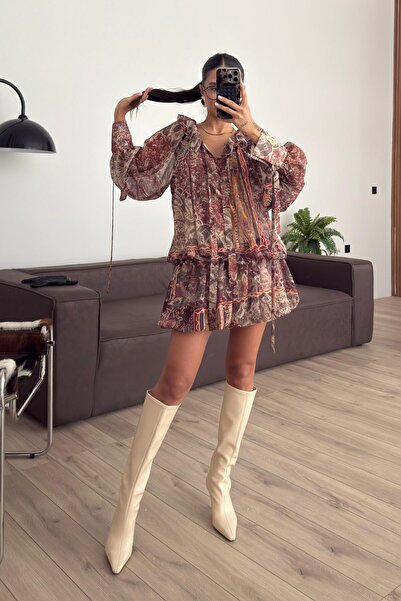 SHILSEE BEUTİQUE Women's Collar Tie-Up Draped Mini Chiffon Dress Multi-Color