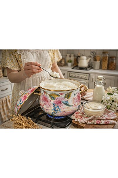 EBRULİEMAYE Rose Enamel Lux Enamel Pot 5 Liters 24 cm Diameter Milk Yogurt So...
