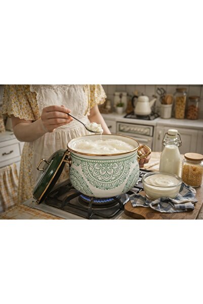 EBRULİEMAYE Green Mandala Enamel Pot 3.75 Liters 22 cm Diameter Milk Yogurt S...