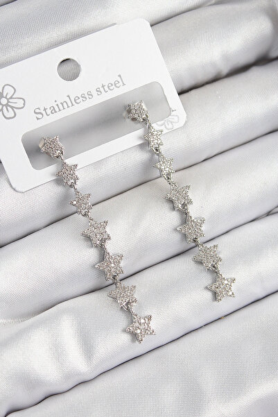 shopwave Brass Zircon Stone Dangle Star Model Silver Color Women's Earrings