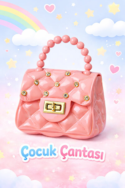 Selvira Kız Çocuk Mini Silikon Çanta – Taşlı, Zincir Askılı, Boncuk Saplı, Ki...