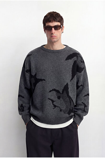 TWILIT Desenli Oversize Triko Kazak - Koyu Gri