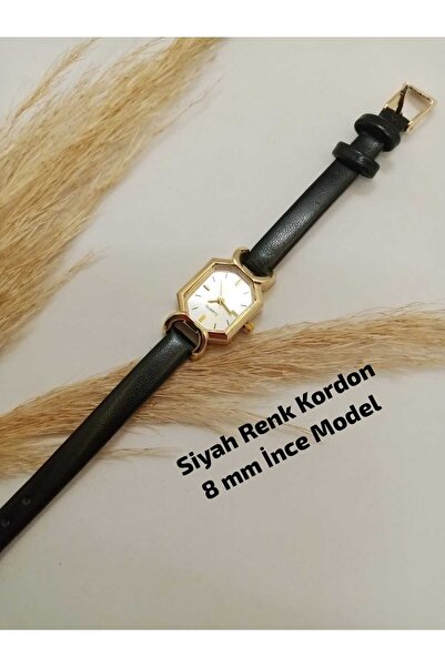 Classy Minimal Gold Case Rectangular Model - Black Color Strap - Women's Wris...